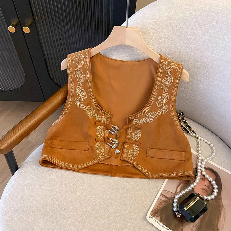 Ethnic Style Brown Suede Totem Embroidery Vest Women's Short Style Outerwear Cardigan