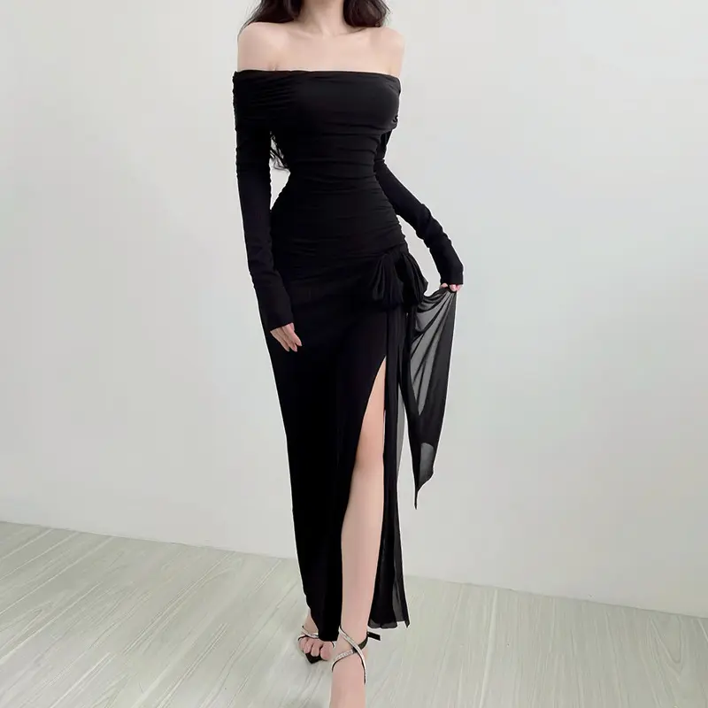 Women's Autumn Temperament Split Skirt Spicy Girl Sexy Slim Fit One Shoulder Long Sleeved Drag Hem Dress