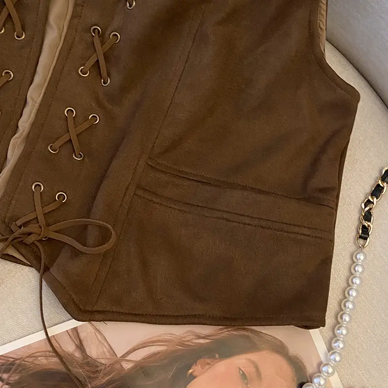 Suede Frenum Vest Women's Retro Ethnic Style Travel Outfit V-neck Jacket Vest