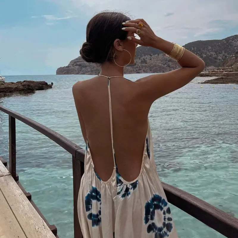 Summer New V-neck Print Sexy Backless Casual Comfortable Holiday Style Dress Long Dress