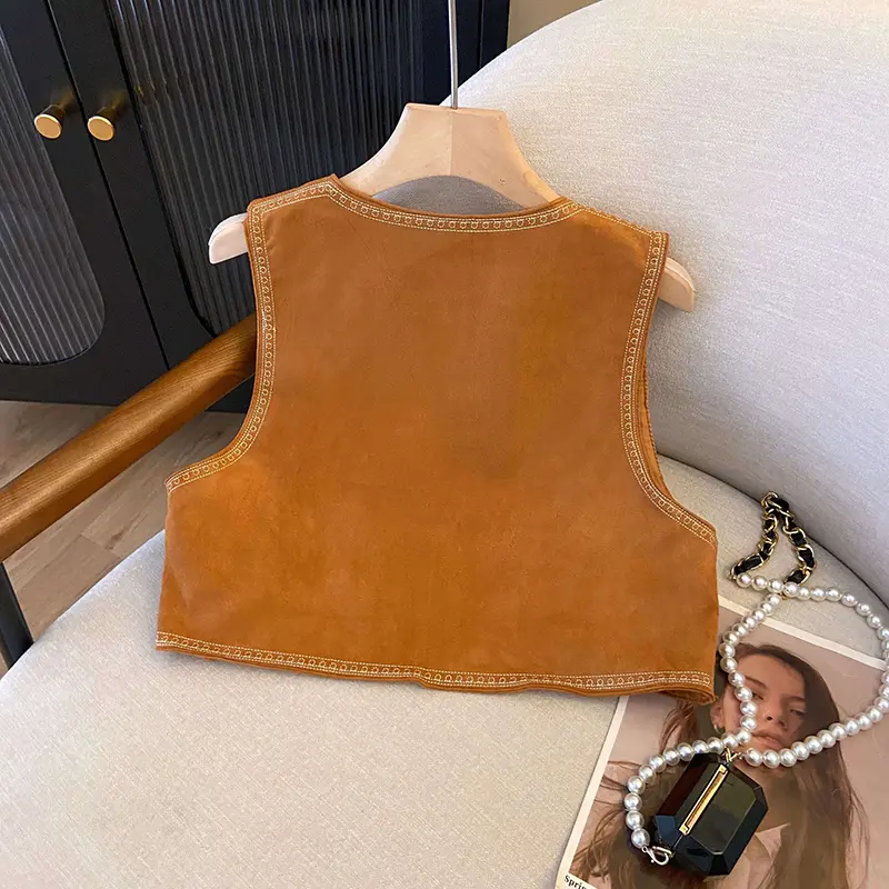 Ethnic Style Brown Suede Totem Embroidery Vest Women's Short Style Outerwear Cardigan