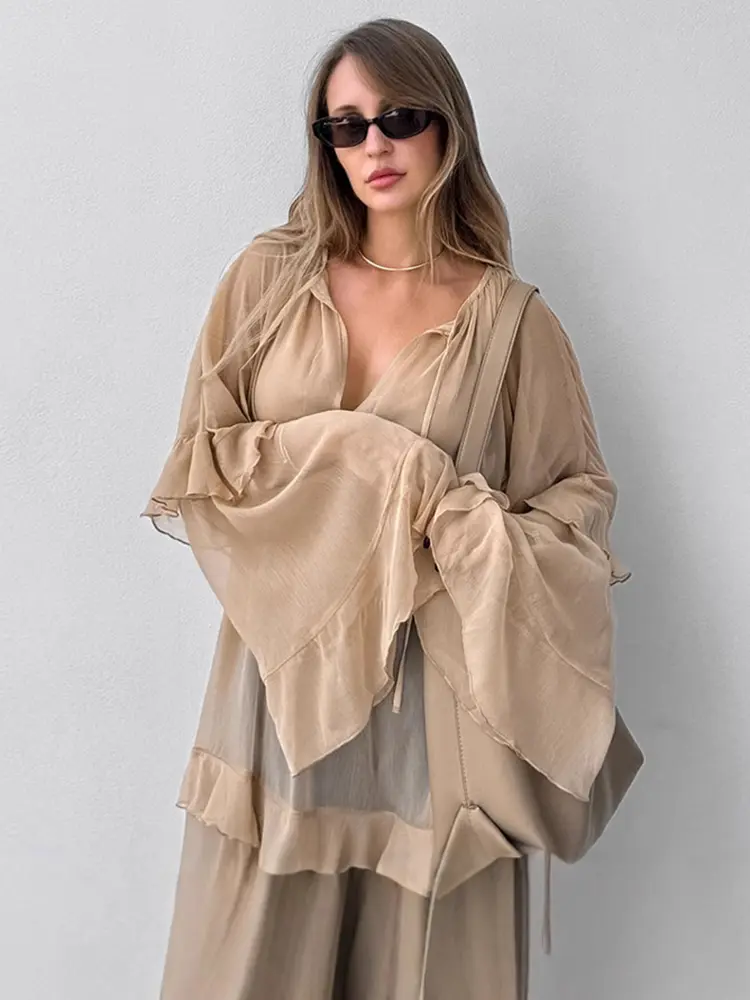 Khaki Autumn and Winter Bat Sleeve Dress European and American Fashion Sunscreen Hoodie Long Dress for Women