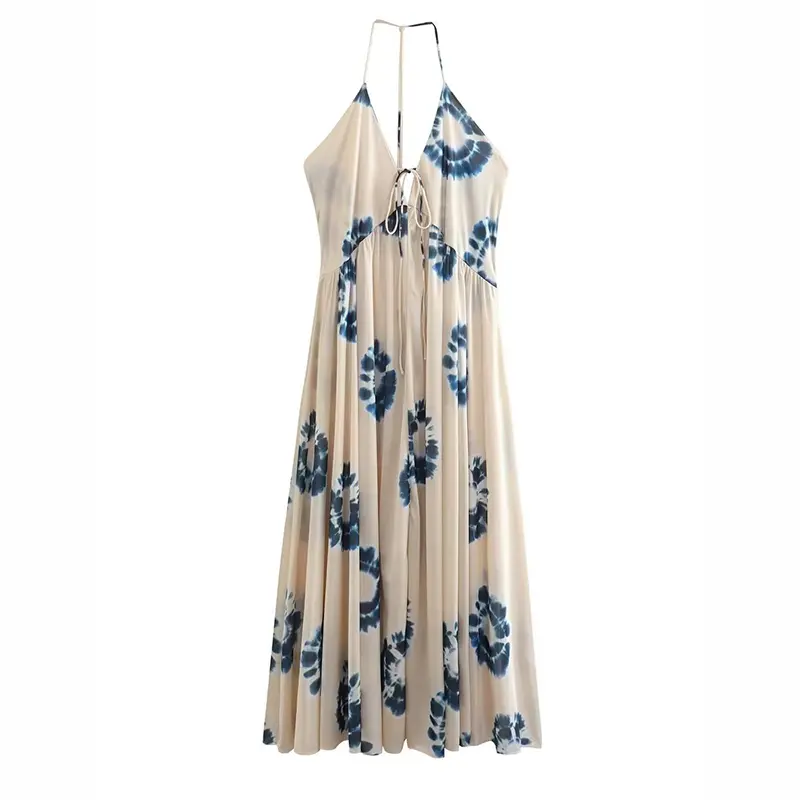 Summer New V-neck Print Sexy Backless Casual Comfortable Holiday Style Dress Long Dress