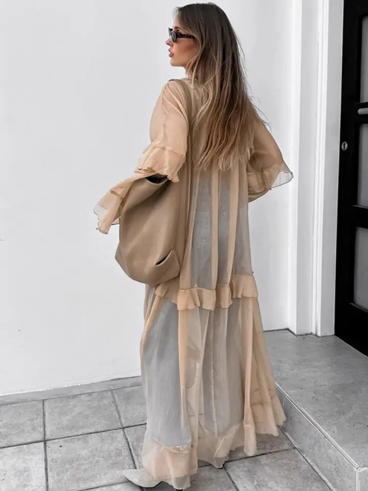 Khaki Autumn and Winter Bat Sleeve Dress European and American Fashion Sunscreen Hoodie Long Dress for Women
