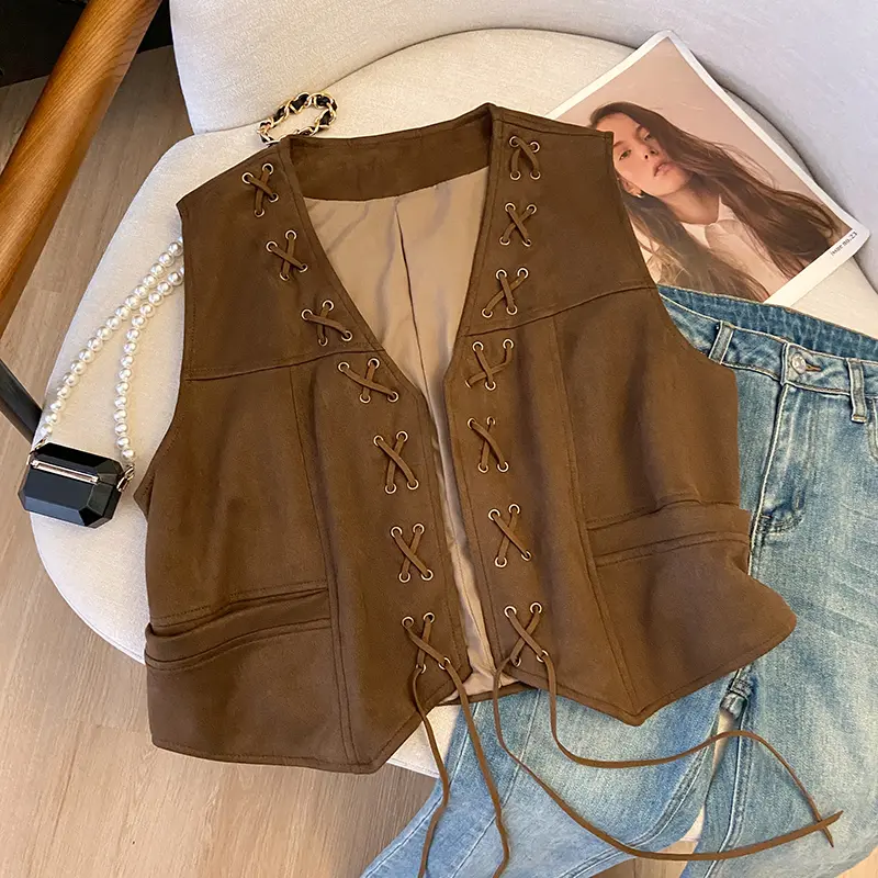 Suede Frenum Vest Women's Retro Ethnic Style Travel Outfit V-neck Jacket Vest