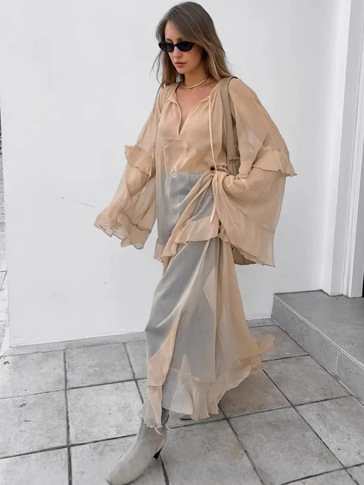 Khaki Autumn and Winter Bat Sleeve Dress European and American Fashion Sunscreen Hoodie Long Dress for Women