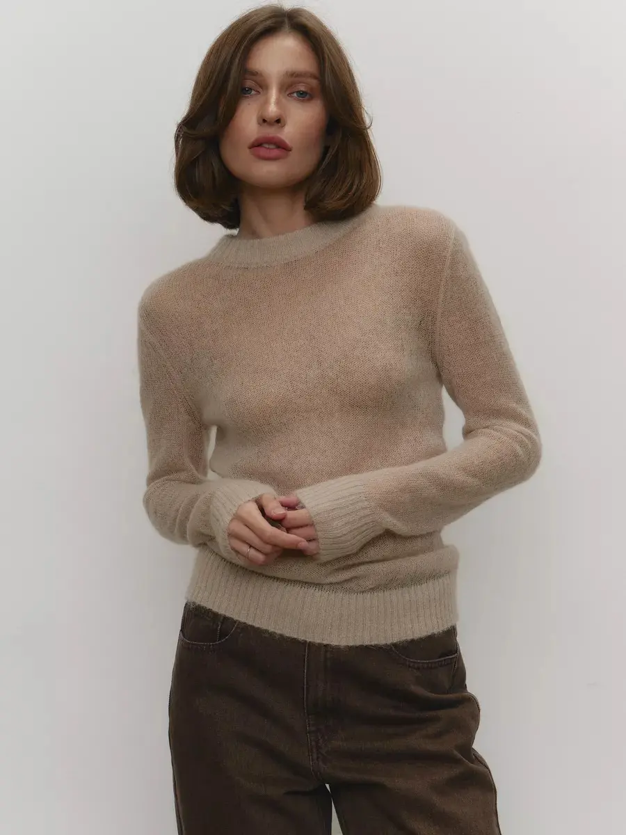 Mohair Round Neck Pullover Sweater New Comfortable Knitted Base Semi Transparent Sweater for Women