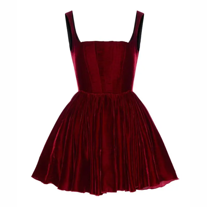 Autumn Winter Christmas Party Dress Short Skirt Square Neck Strap Dress Velvet Dress