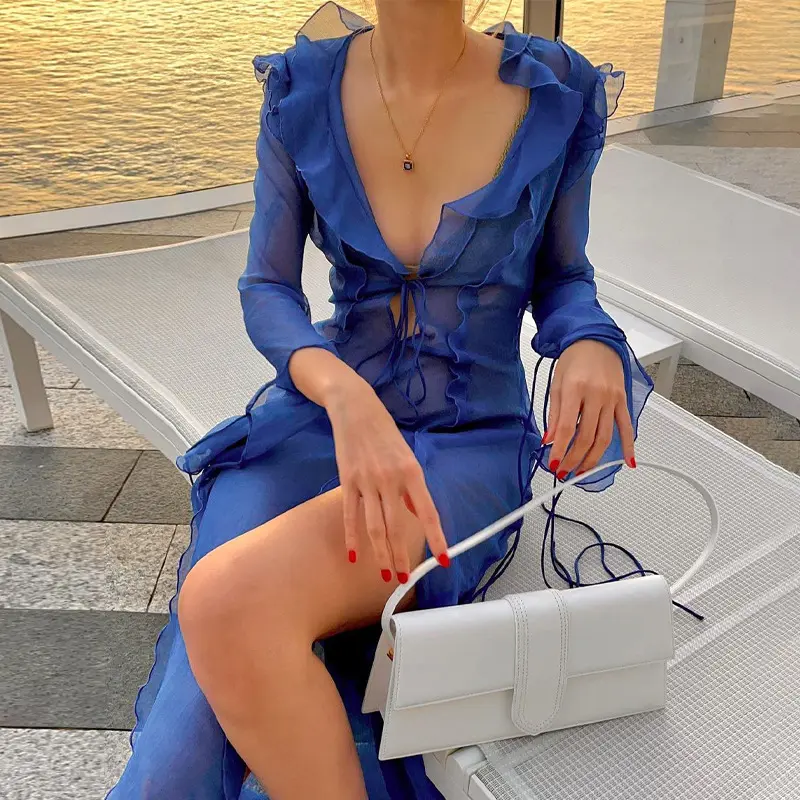 Spicy Girl Thin Mesh Perspective Wave Edge Beach Vacation Long Sleeve Dress Women's Sexy Lace V-Neck Split Dress