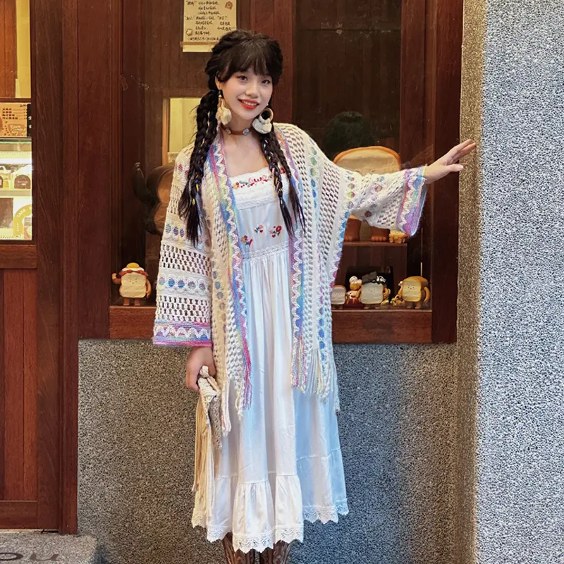 Tassel Shawl Paired Women's Ethnic Style Travel Outfit Colorful Cloak Jacket