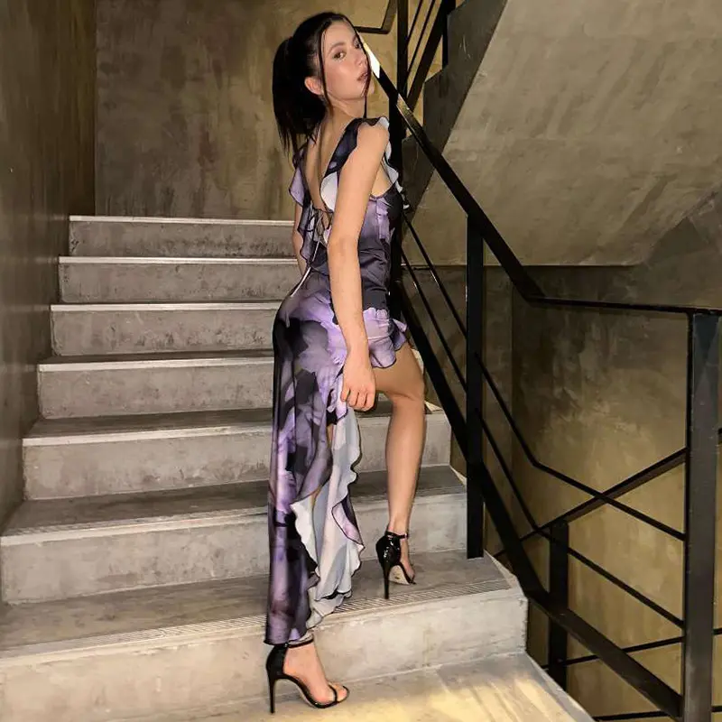 Women's Sexy Backless Fashion Strap Slit Slim Fit Printed Dress