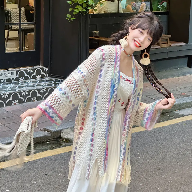 Tassel Shawl Paired Women's Ethnic Style Travel Outfit Colorful Cloak Jacket