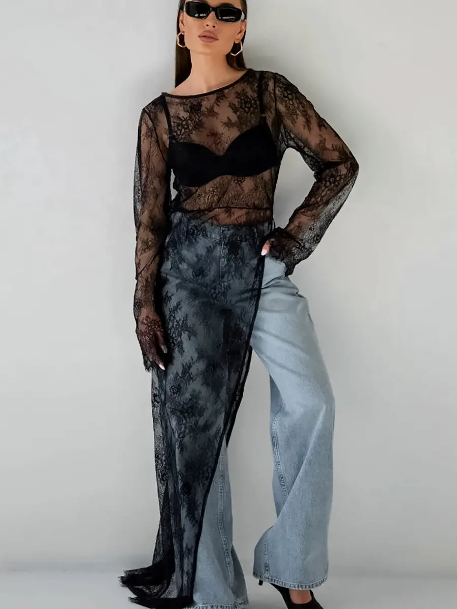 Sexy Black Perspective Lace Round Neck Long Sleeve Split Fork Asymmetric Dress Summer Long Dress