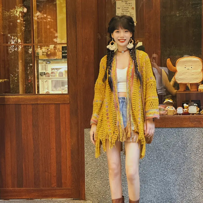 Tassel Shawl Paired Women's Ethnic Style Travel Outfit Colorful Cloak Jacket