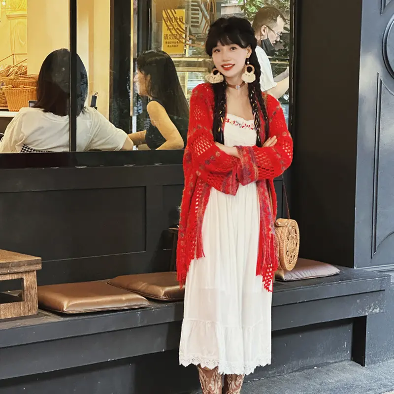 Tassel Shawl Paired Women's Ethnic Style Travel Outfit Colorful Cloak Jacket