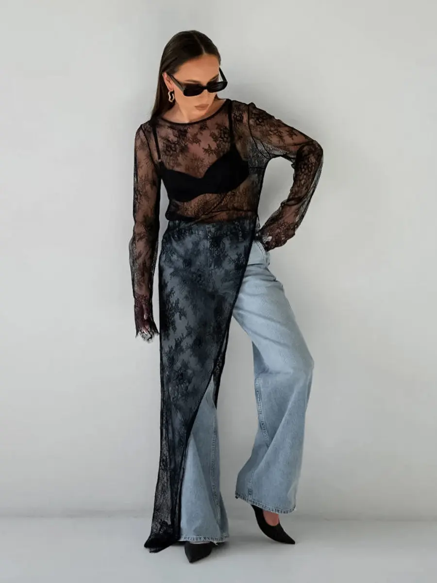 Sexy Black Perspective Lace Round Neck Long Sleeve Split Fork Asymmetric Dress Summer Long Dress