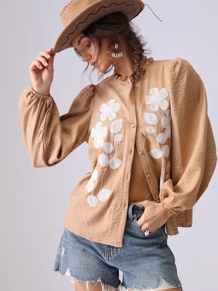 French Floral Embroidery Women's Shirt Long Sleeved High-end Shirt Fashionable Clothing