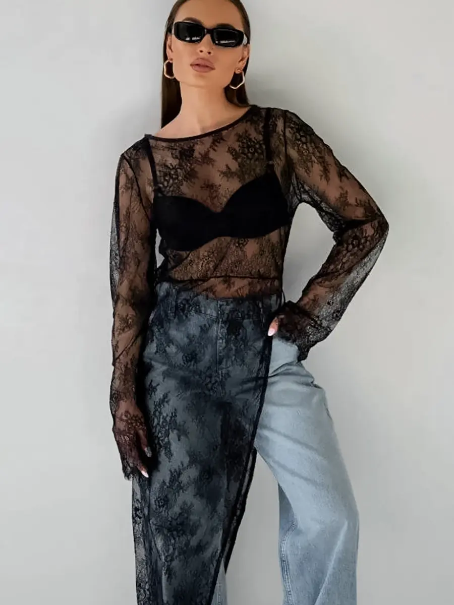 Sexy Black Perspective Lace Round Neck Long Sleeve Split Fork Asymmetric Dress Summer Long Dress