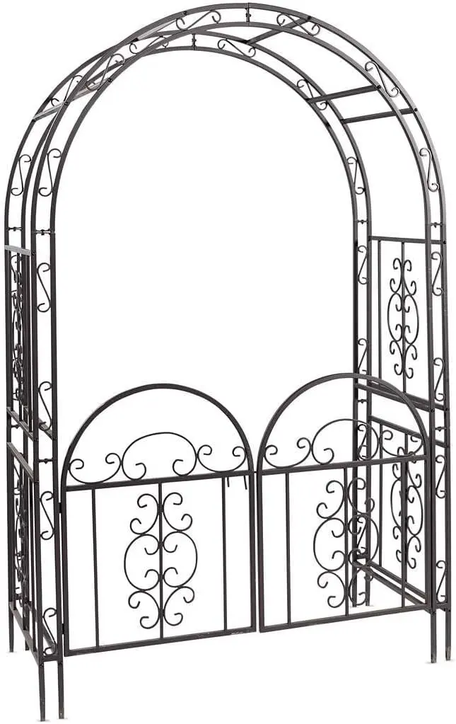 Arch Metal Outdoor Garden Arbor Double Gate，Montebello，7 Feet Tall，Gunmetal Black，Trellis Lattice Climbing Plants