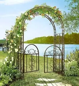 Arch Metal Outdoor Garden Arbor Double Gate，Montebello，7 Feet Tall，Gunmetal Black，Trellis Lattice Climbing Plants