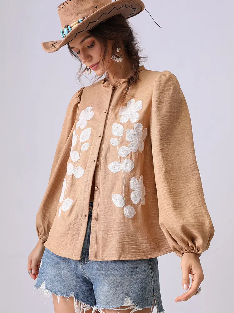 French Floral Embroidery Women's Shirt Long Sleeved High-end Shirt Fashionable Clothing
