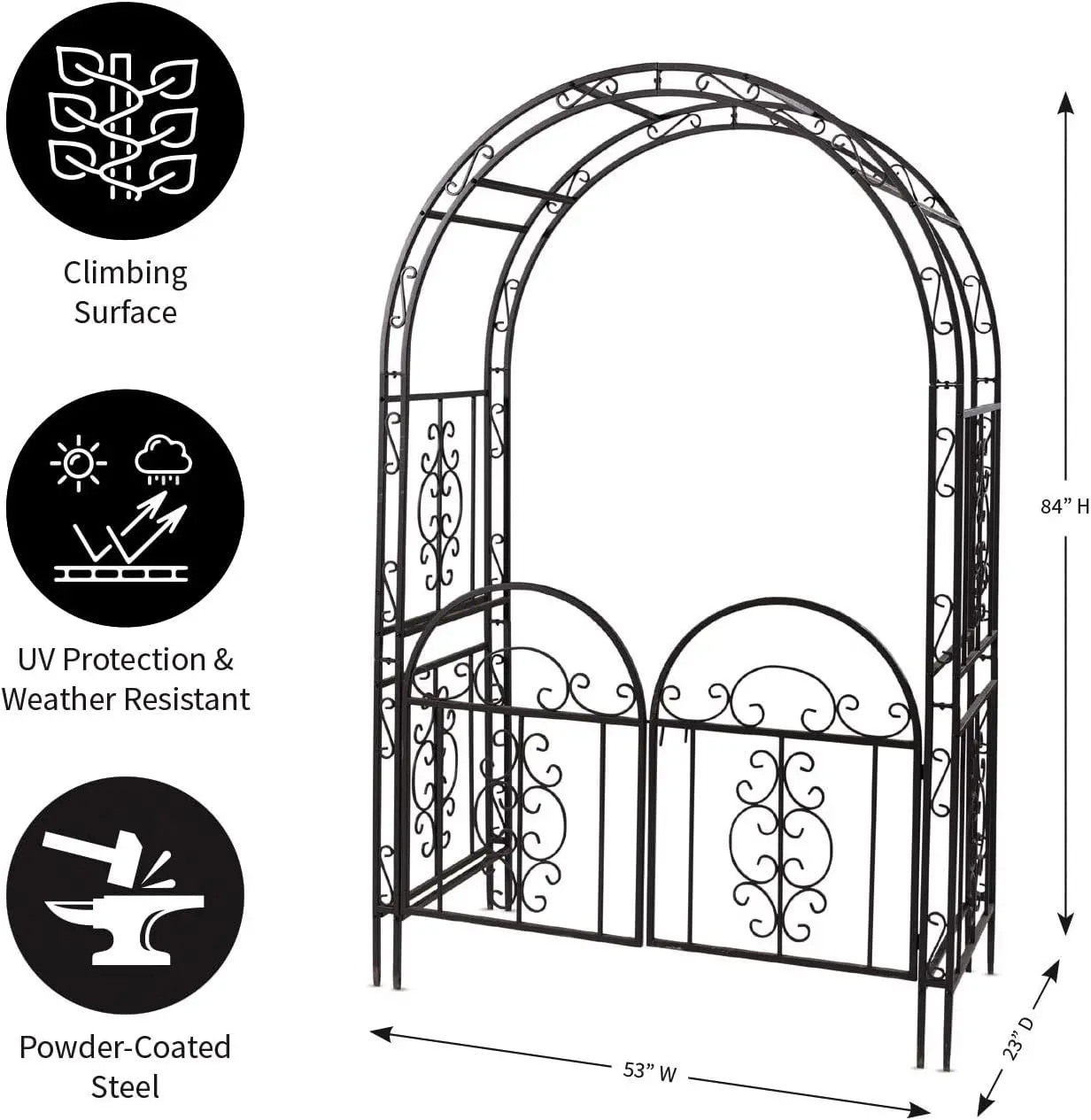 Arch Metal Outdoor Garden Arbor Double Gate，Montebello，7 Feet Tall，Gunmetal Black，Trellis Lattice Climbing Plants
