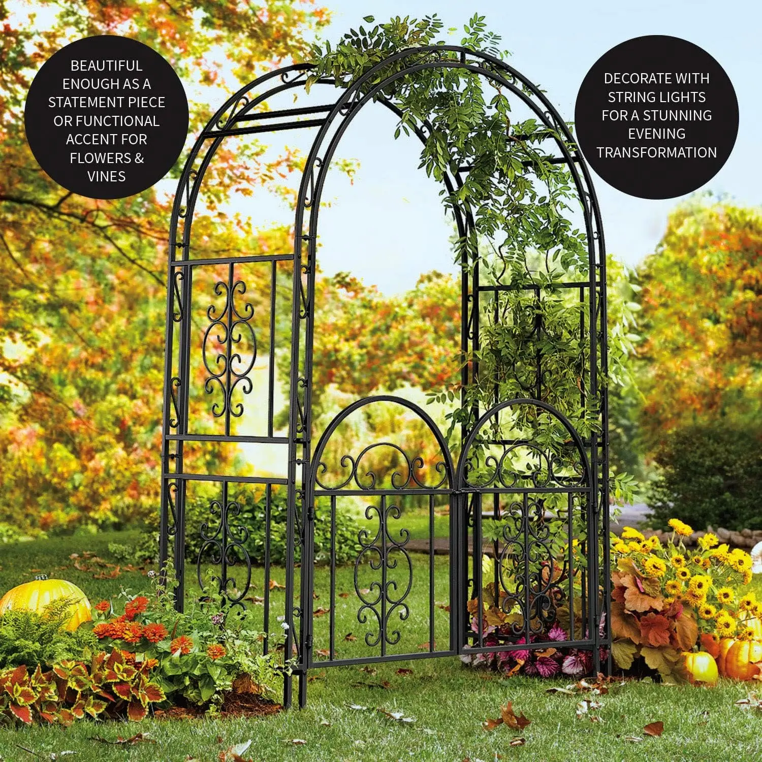 Arch Metal Outdoor Garden Arbor Double Gate，Montebello，7 Feet Tall，Gunmetal Black，Trellis Lattice Climbing Plants