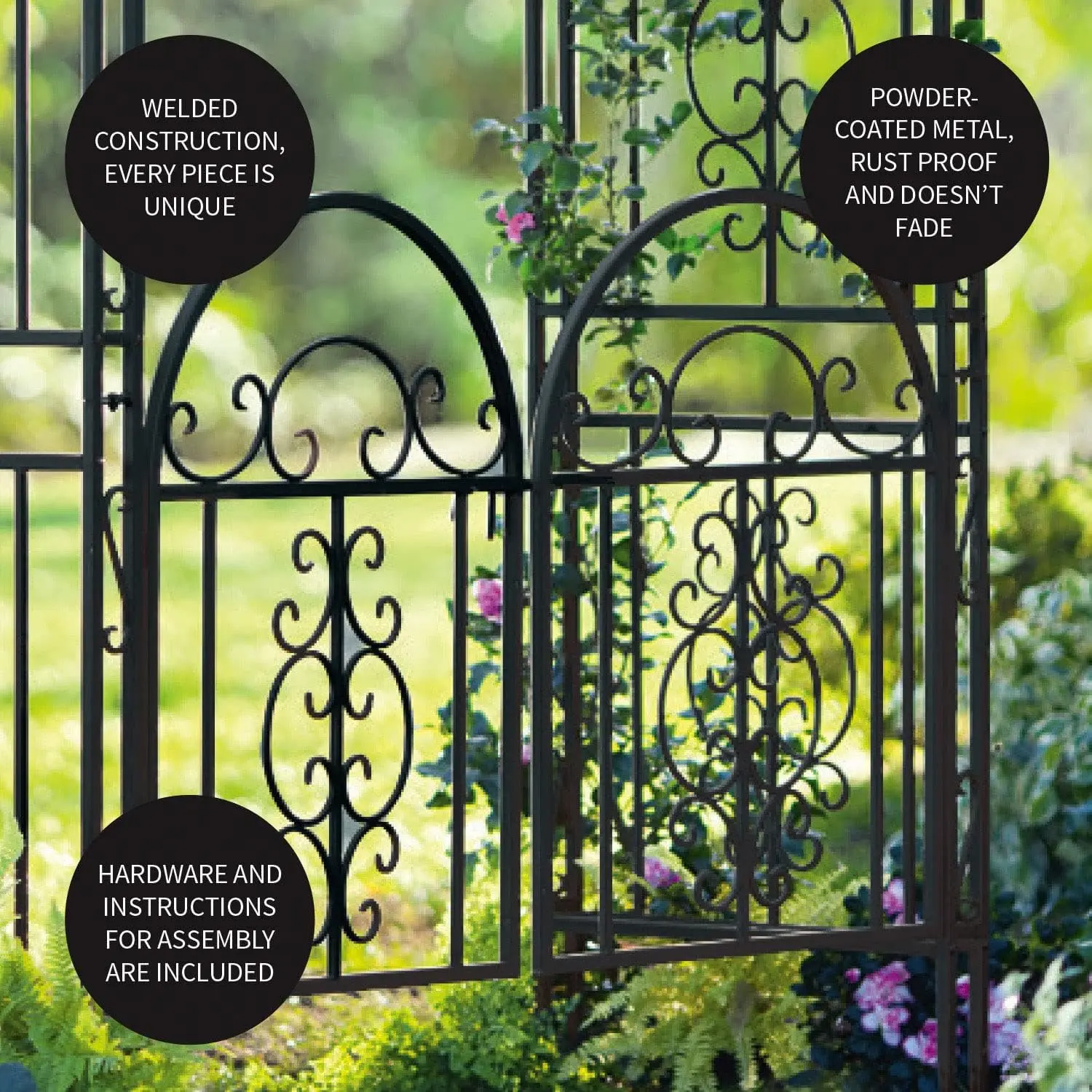 Arch Metal Outdoor Garden Arbor Double Gate，Montebello，7 Feet Tall，Gunmetal Black，Trellis Lattice Climbing Plants