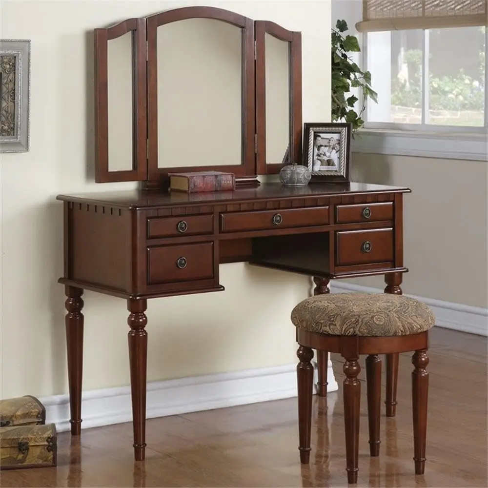 BOBKONA St. Croix Collection Vanity Set with Stool, Cherry