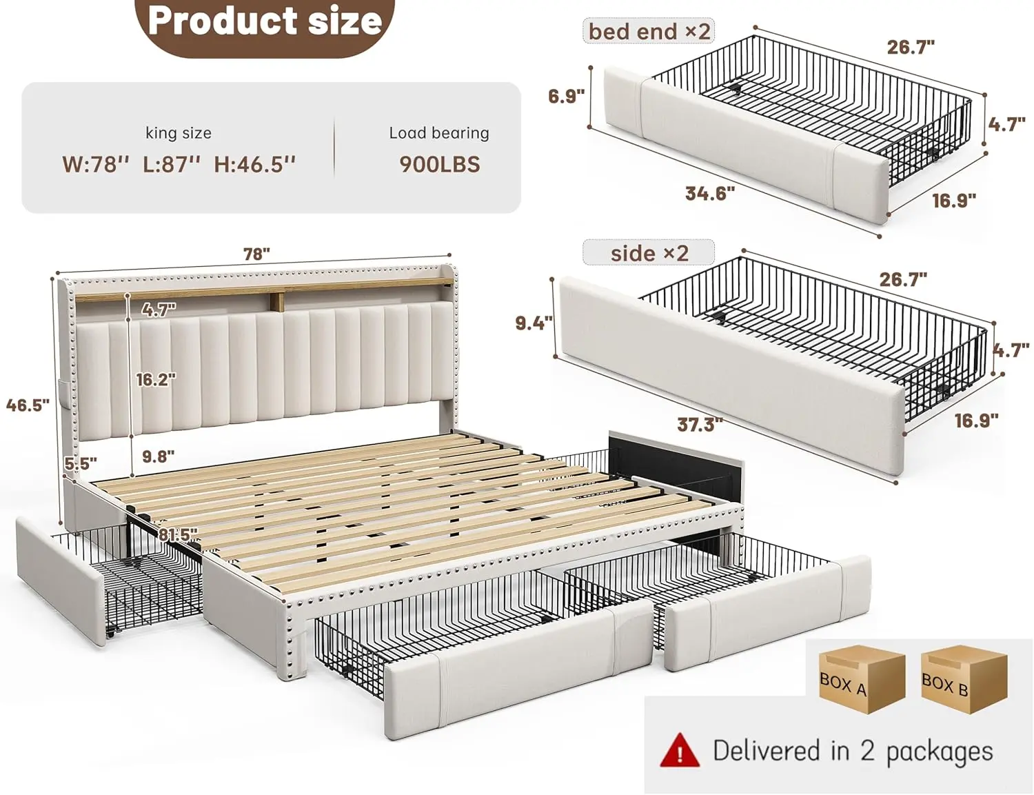 King Size Bed Frame with 4 Storage Drawers, Upholstered King Bed Frame and headboard with 2-Tier Shelves, Wooden Slats Support