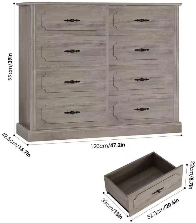 Grey Dresser Chest of Drawers, 47.2” Farmhouse  Wood Dresser 8  with Steel Handles, Modern
