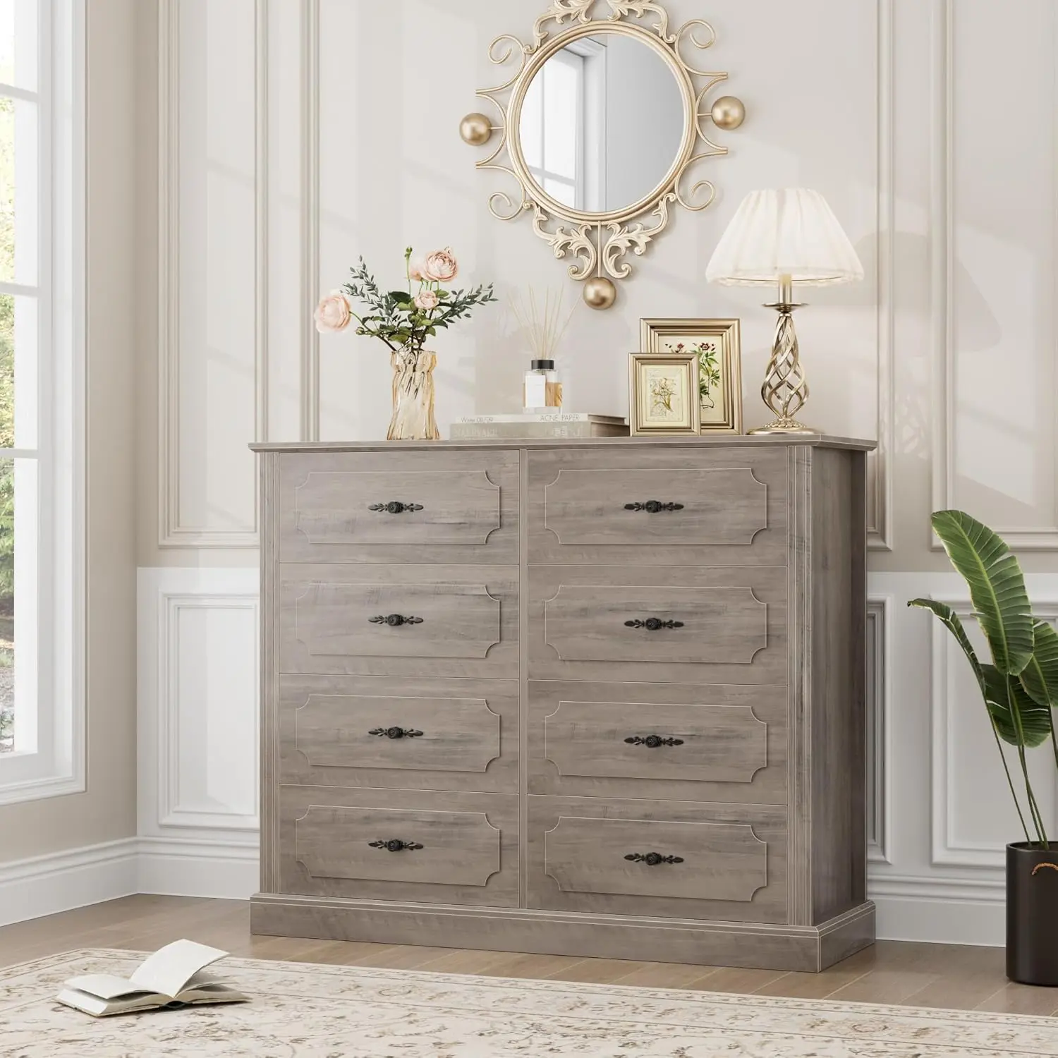 Grey Dresser Chest of Drawers, 47.2” Farmhouse  Wood Dresser 8  with Steel Handles, Modern