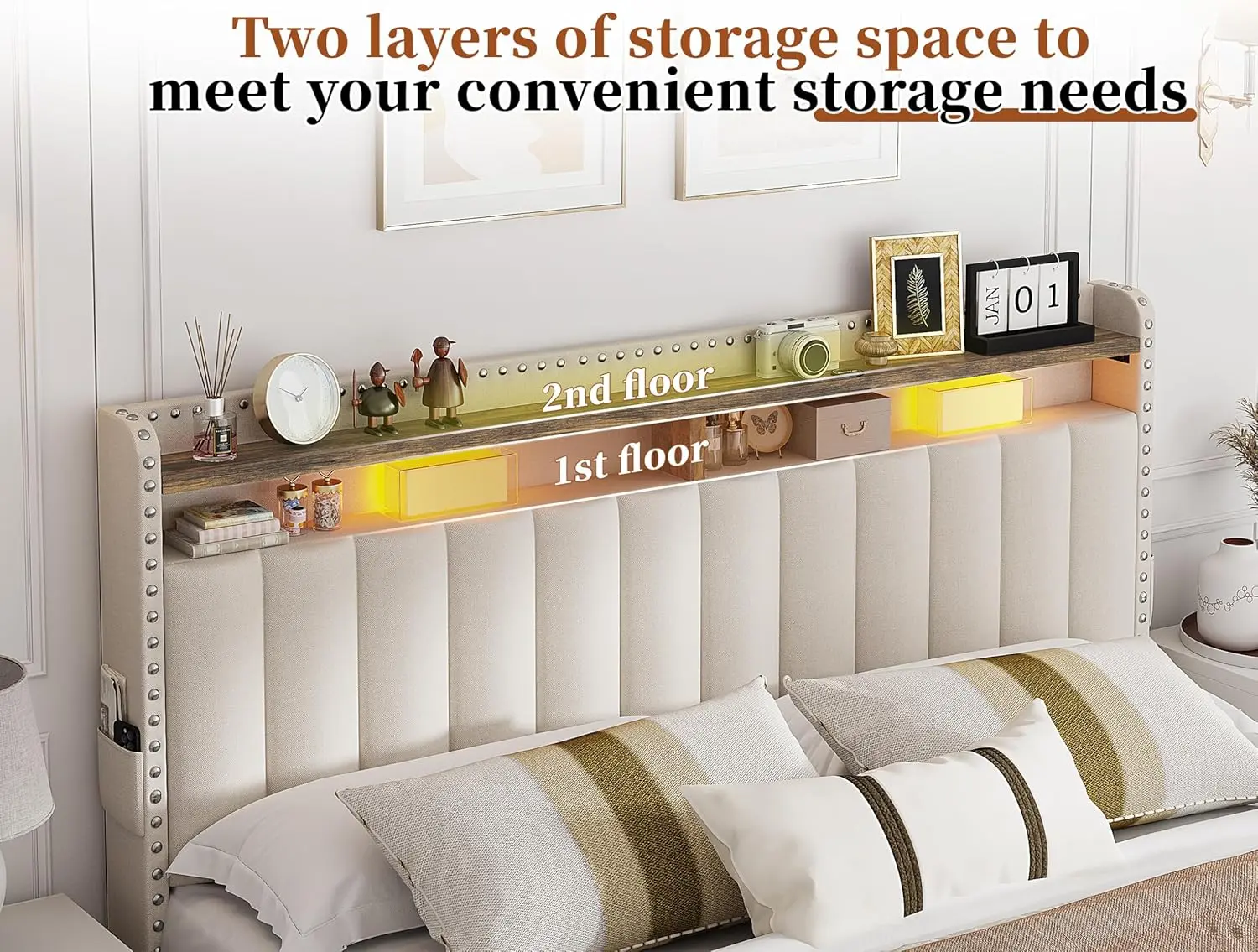 King Size Bed Frame with 4 Storage Drawers, Upholstered King Bed Frame and headboard with 2-Tier Shelves, Wooden Slats Support