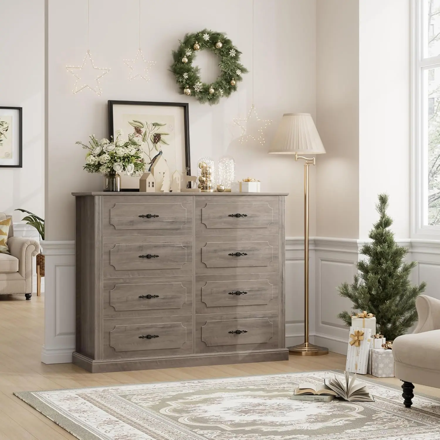 Grey Dresser Chest of Drawers, 47.2” Farmhouse  Wood Dresser 8  with Steel Handles, Modern