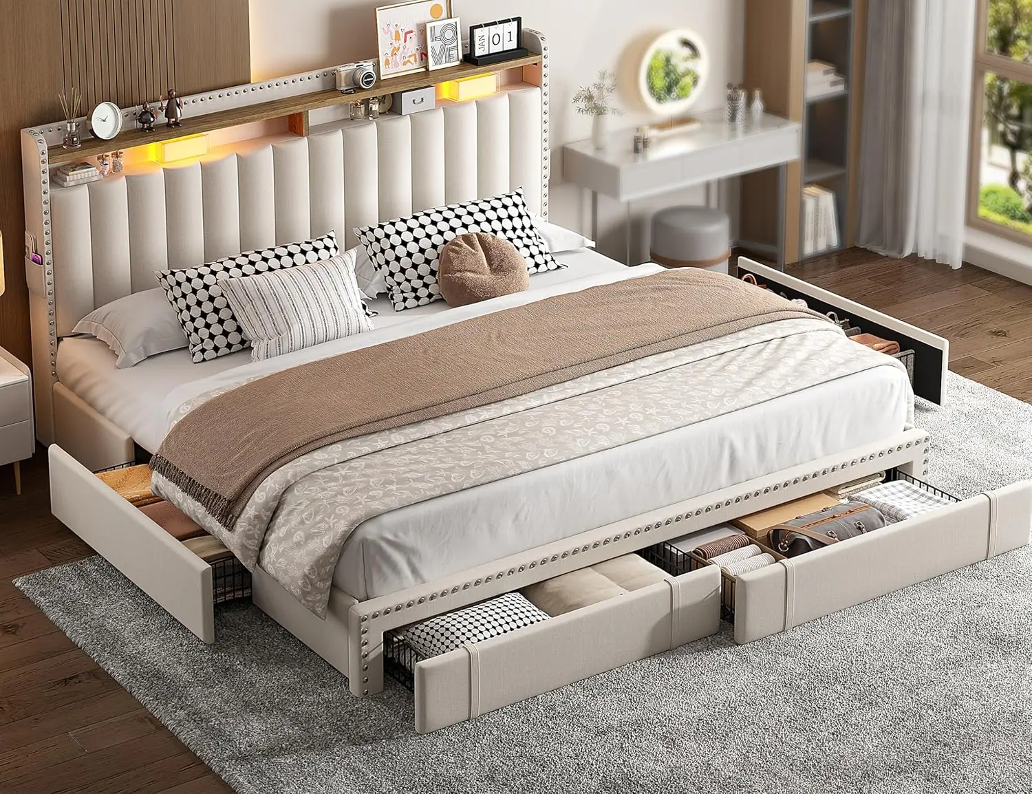 King Size Bed Frame with 4 Storage Drawers, Upholstered King Bed Frame and headboard with 2-Tier Shelves, Wooden Slats Support
