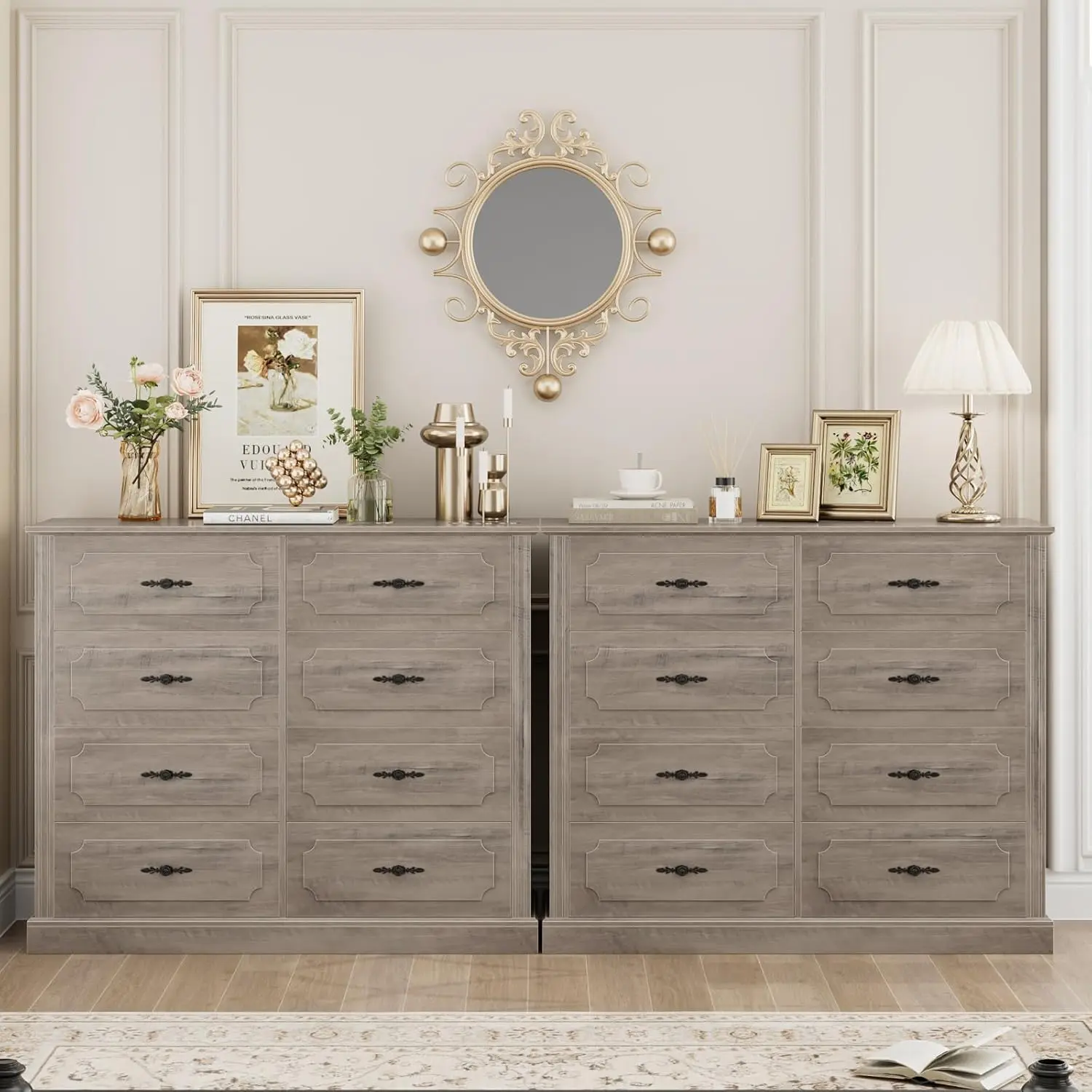 Grey Dresser Chest of Drawers, 47.2” Farmhouse  Wood Dresser 8  with Steel Handles, Modern