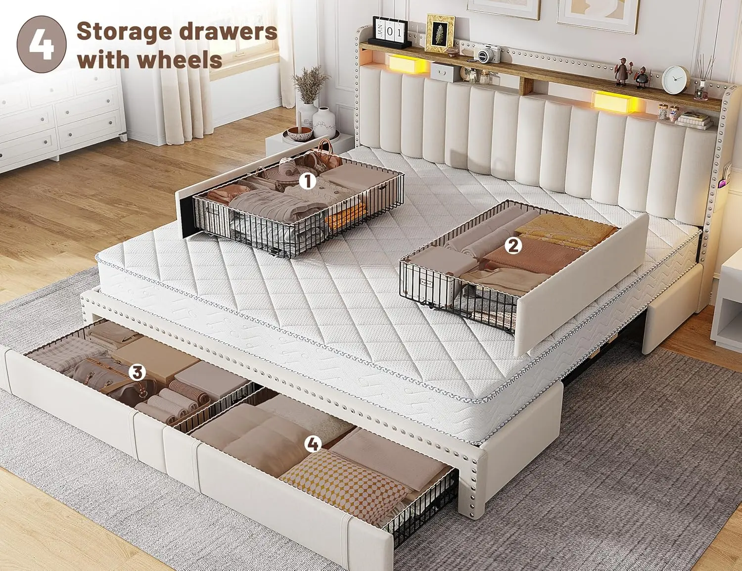King Size Bed Frame with 4 Storage Drawers, Upholstered King Bed Frame and headboard with 2-Tier Shelves, Wooden Slats Support