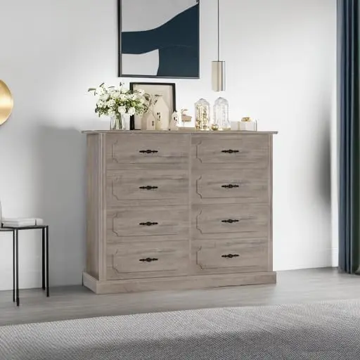 Grey Dresser Chest of Drawers, 47.2” Farmhouse  Wood Dresser 8  with Steel Handles, Modern