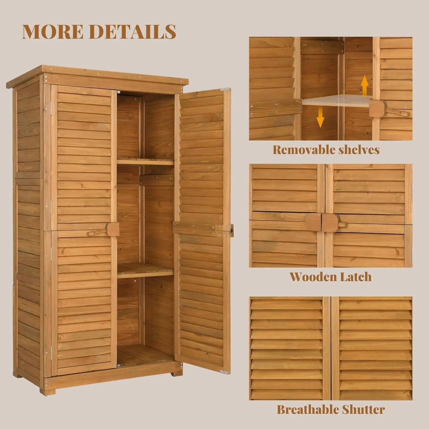 Outdoor Storage Cabinet, 63in Wooden Garden Tools Shed with 2 Lockable Doors, 3 Adjustable Shelves, Waterproof Roof