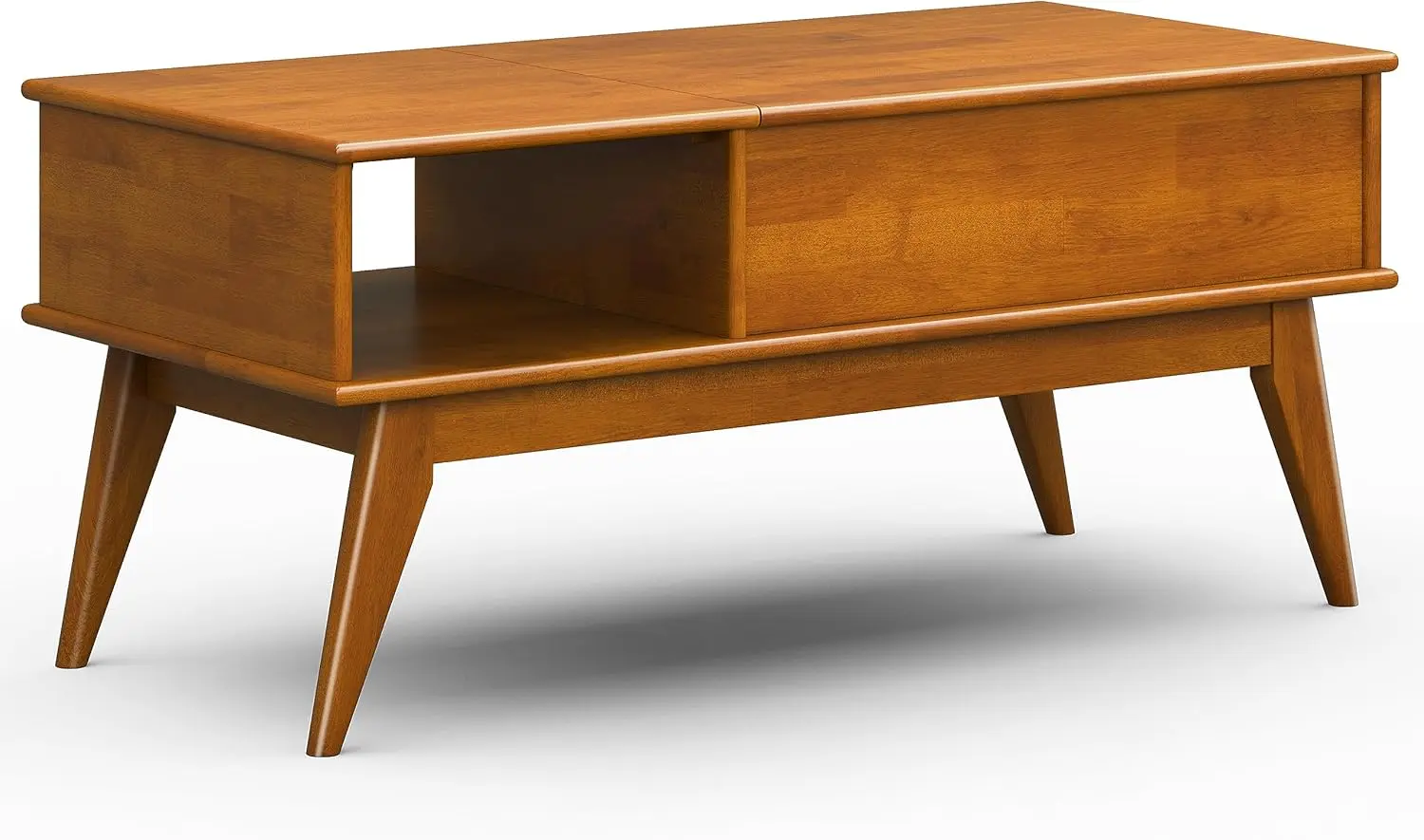 Draper Solid Hardwood 48 inch Wide Rectangle Mid Century Modern Lift Top Coffee Table in Teak Brown.
