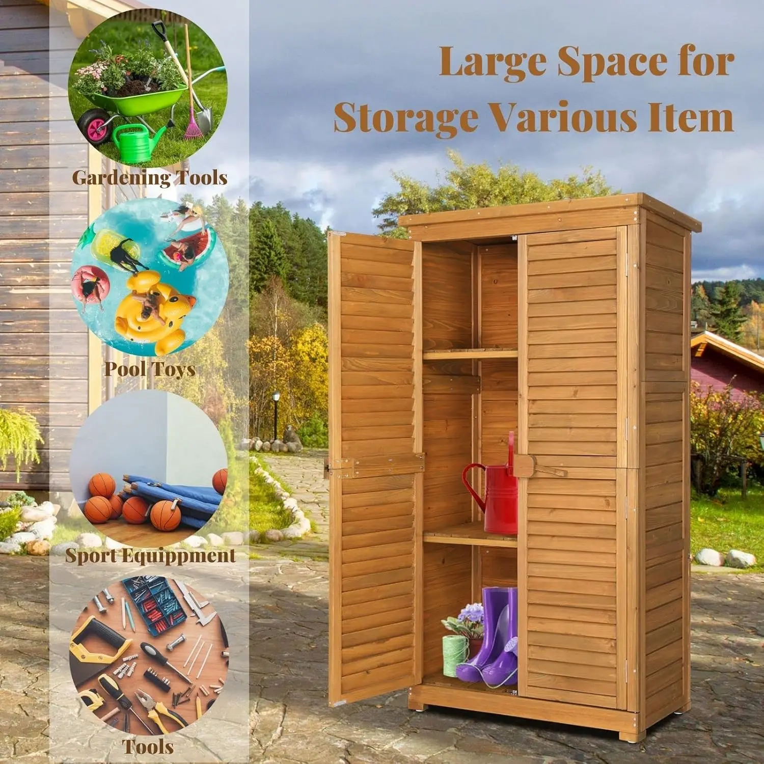 Outdoor Storage Cabinet, 63in Wooden Garden Tools Shed with 2 Lockable Doors, 3 Adjustable Shelves, Waterproof Roof