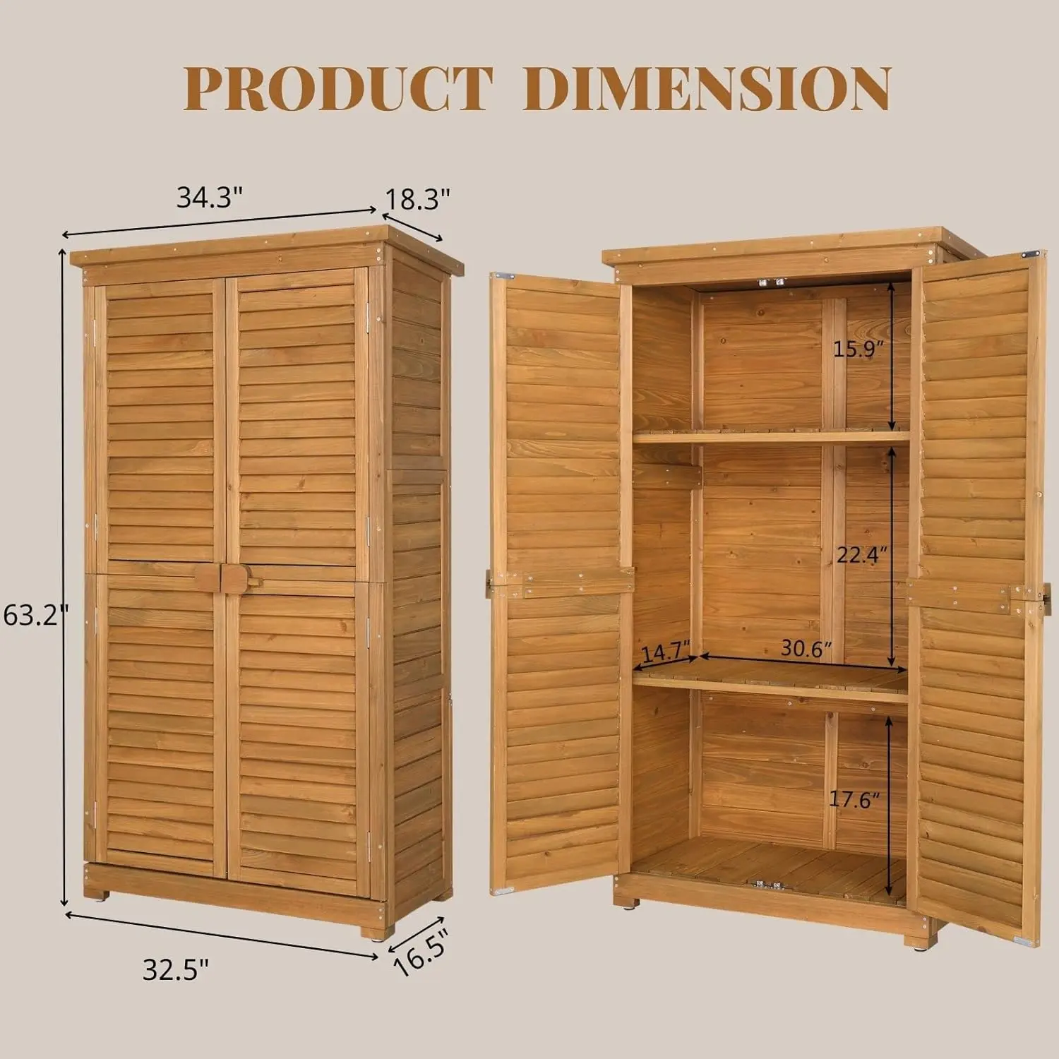Outdoor Storage Cabinet, 63in Wooden Garden Tools Shed with 2 Lockable Doors, 3 Adjustable Shelves, Waterproof Roof