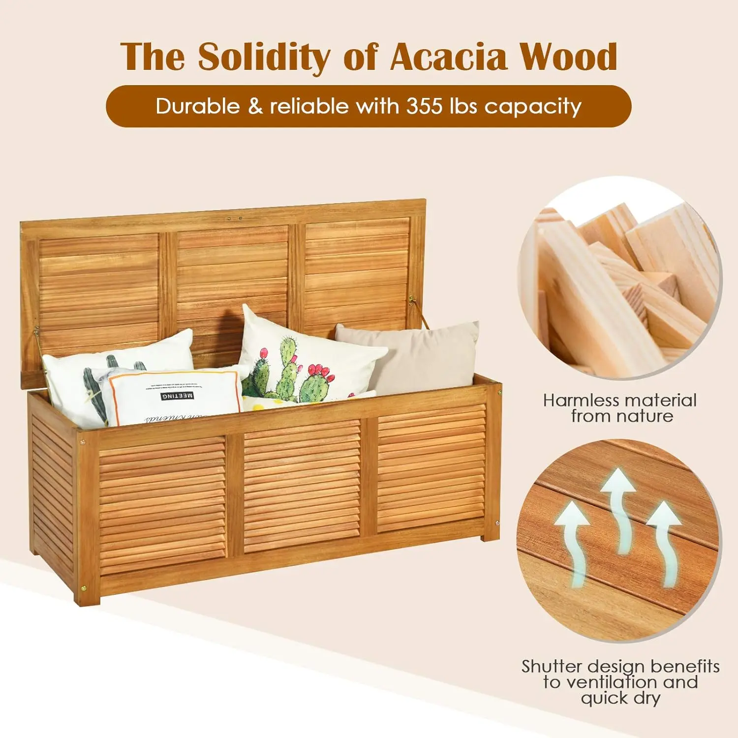 46 Gallon Acacia Wood Deck Box, Garden Backyard Storage Bench, Outdoor Storage Container for Patio Furniture Cushions
