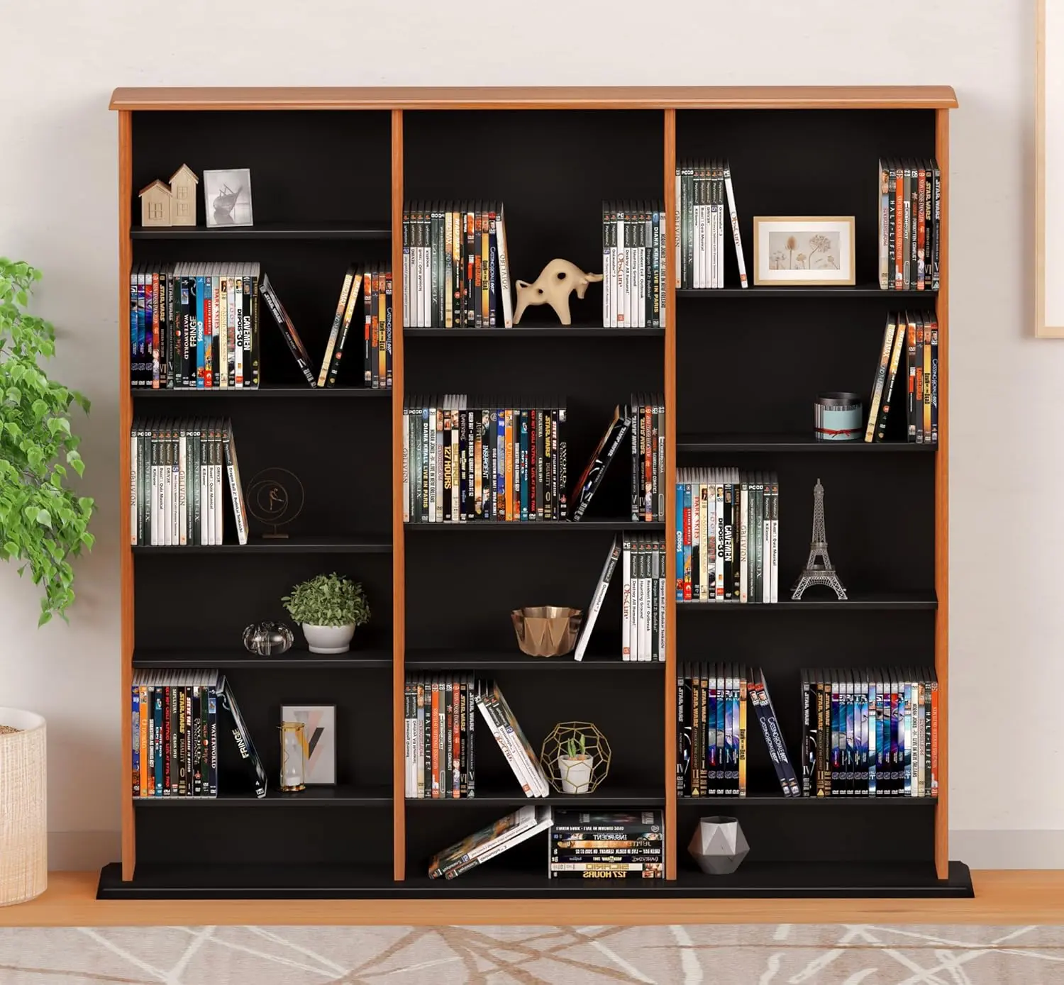 3 Column Tall Cabinet Media Storage, Triple Width Wall, Cherry/Black
