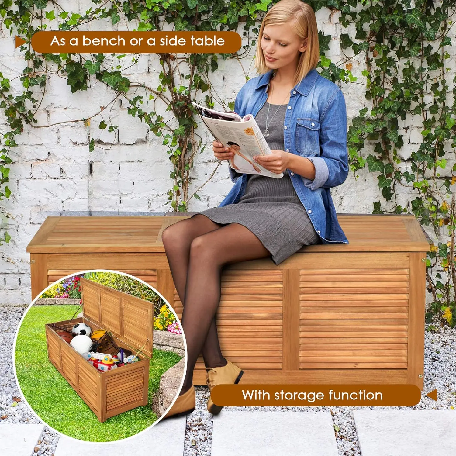 46 Gallon Acacia Wood Deck Box, Garden Backyard Storage Bench, Outdoor Storage Container for Patio Furniture Cushions