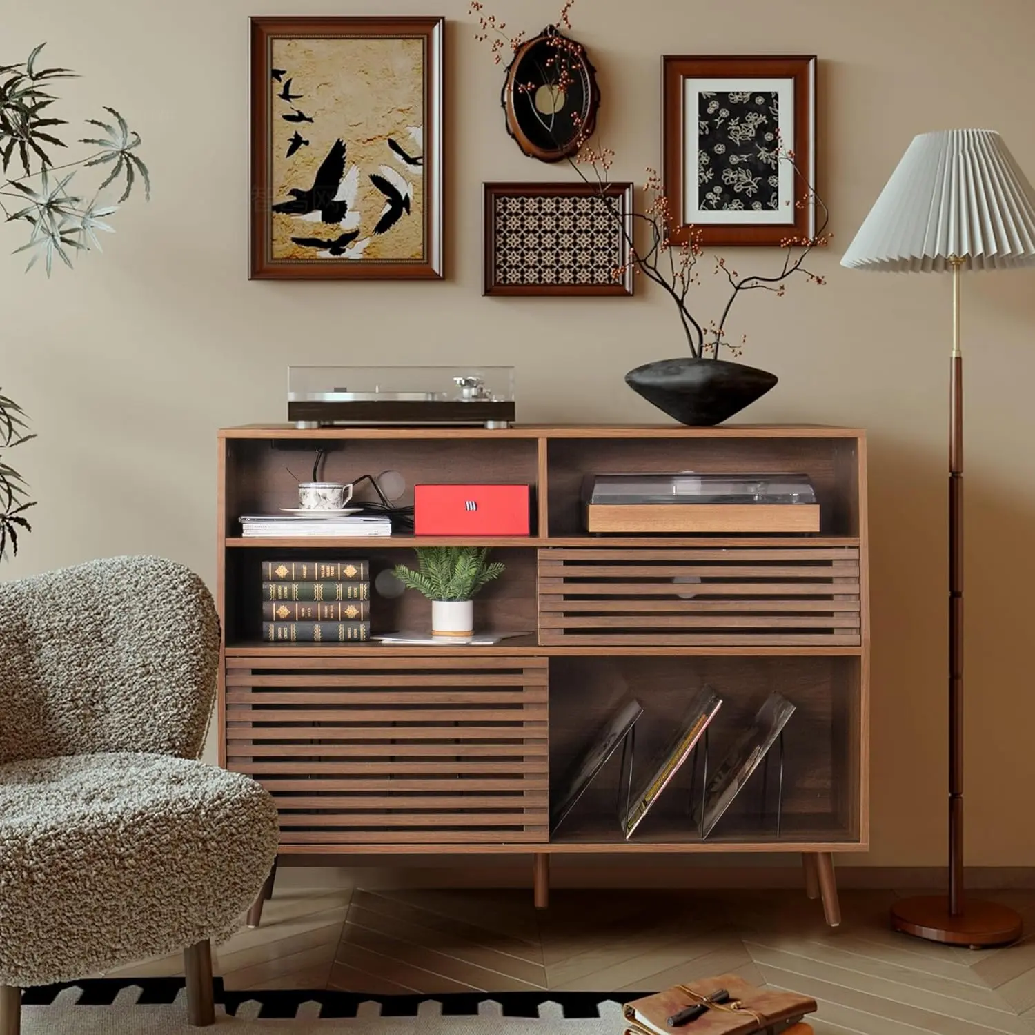Large Record Player Stand,Mid-Century Turntable Stand with Doors & Charging Station Record Player Table Holds Up to 450 Albums