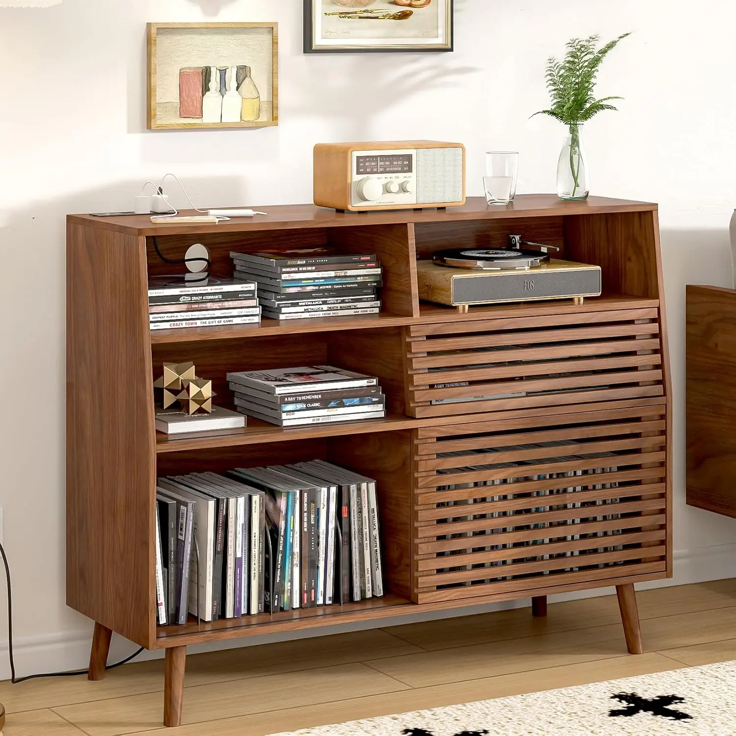 Large Record Player Stand,Mid-Century Turntable Stand with Doors & Charging Station Record Player Table Holds Up to 450 Albums
