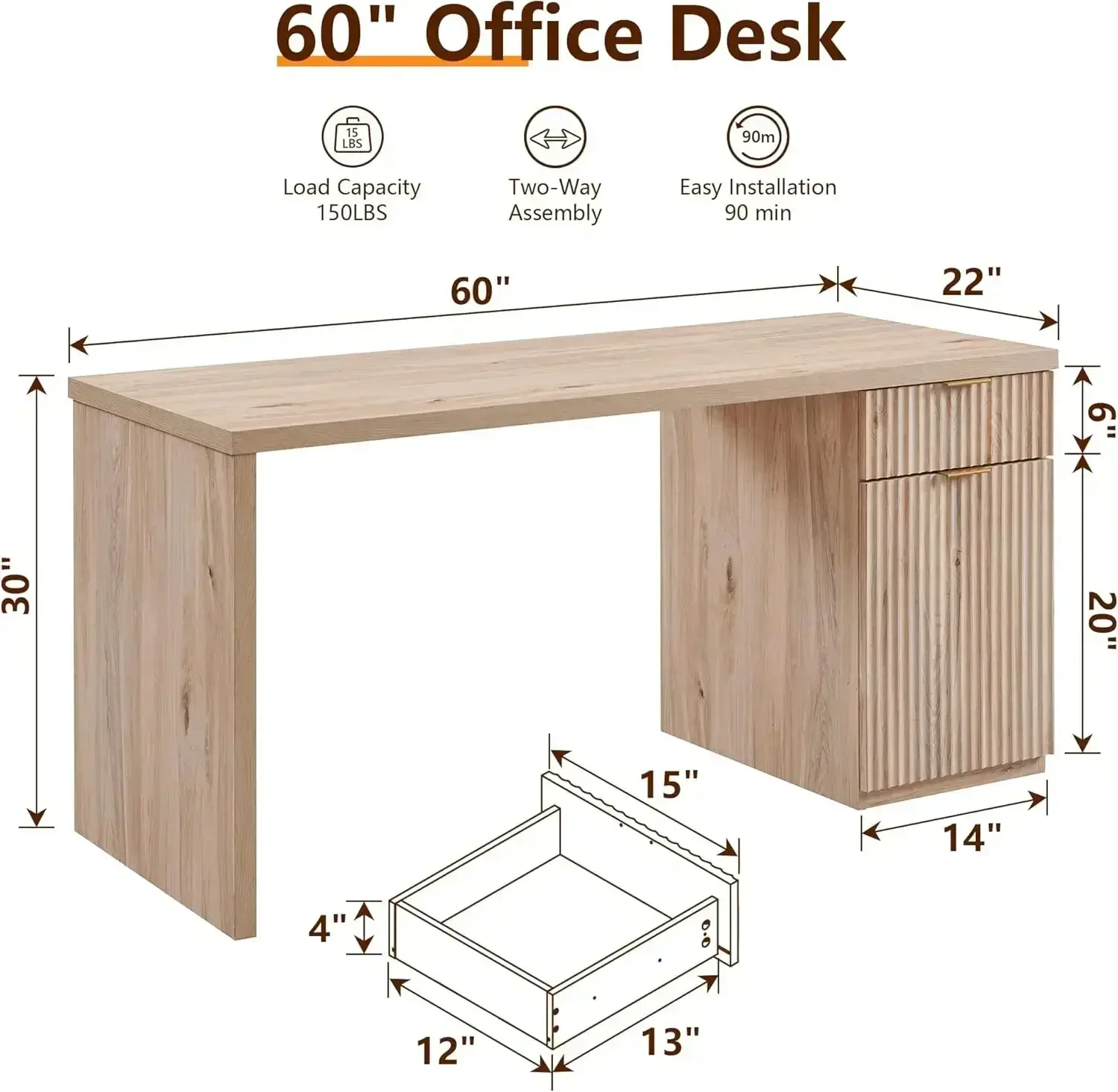 60" Modern Executive Desk with Storage, Wood Home Office Desk with Drawer & Cabinet, Fluted Computer Writing Desk for Study.