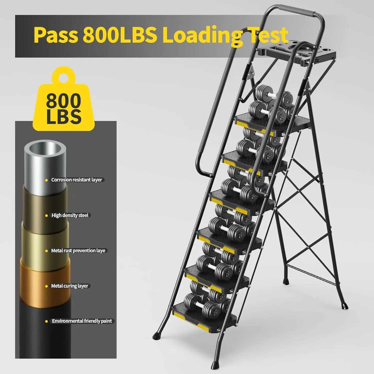 6 Step Ladder with Tool Platform, Folding Step Stool with Handrails, Sturdy Steel Ladder with Wide Pedal, 800 LBS Portable