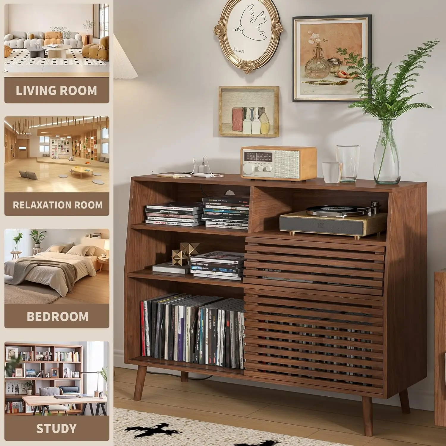 Large Record Player Stand,Mid-Century Turntable Stand with Doors & Charging Station Record Player Table Holds Up to 450 Albums